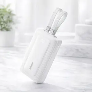 Portatīvais akumulātors Anker Zolo 10000mAh, 30W īpaši ātra uzlāde, integrēti USB-C un Lightning kabeli, balts