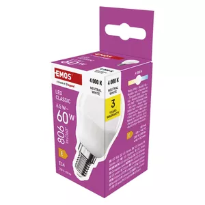 LED spuldze EMOS CLS MINI GLOBE 6.5W 806 lm E14 neitrāli balta