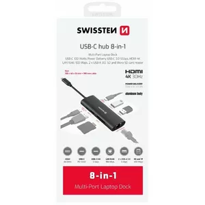 USB-C хаб SWISSTEN 8в1 алюминиевый 100W с HDMI 4K и RJ45 LAN