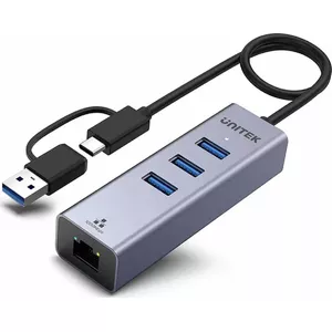 USB-C hubs Unitek Y-3088B 4-in-1 — USB-C uz Gigabit Ethernet un 3× USB 5 Gbps