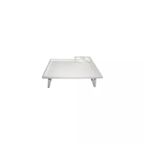 Gultas blakus galds SUNDO 46710 ar rokturiem, balta polistirola plaukta, 530×320×200 mm, 2 krūzīšu turētāji, saliekami kāji