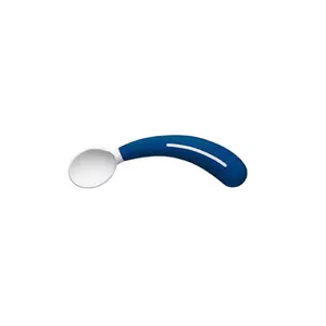 Bērnu drošā saliektā labrokā karote SUNDO 22681 — ergonomiska leņķota plastmasas rokturis, zili/balta, 14,5 cm