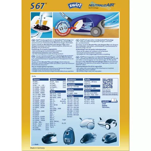 Мешки для пыли SWIRL S67 — универсальные, 4 шт. Photo 2