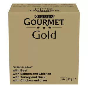 Влажный корм для кошек мультипак Purina Nestlé GOURMET Gold Pieces in Sauce — 96 x 85 г, 8,16 кг, микс 4 вкусов
