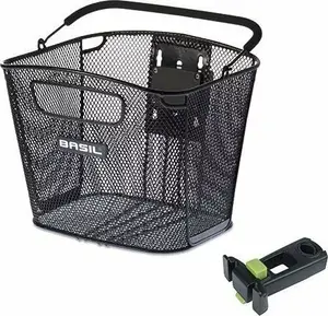 Basil Bold Front KF priekšējā grozs uz stūres ar KlickFix adapteri un turētāju, tērauda, noņemams, piemērots Ø22.4–28.6 mm, melns