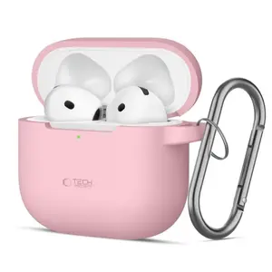 Aizsargvāciņš no silikona Tech‑Protect AirPods 4 ar putekļu aizsegu un karabīni, rozā