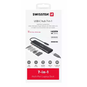 USB-C daudzportu klēpjdatora dokstacija SWISSTEN 7in1 — USB-C 100W, HDMI 4K, USB-A 3.0, 2× USB-A 2.0, SD, MicroSD