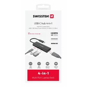 USB-C hubs dokstacija SWISSTEN 4in1 100W PD, HDMI 4K, 2× USB-A