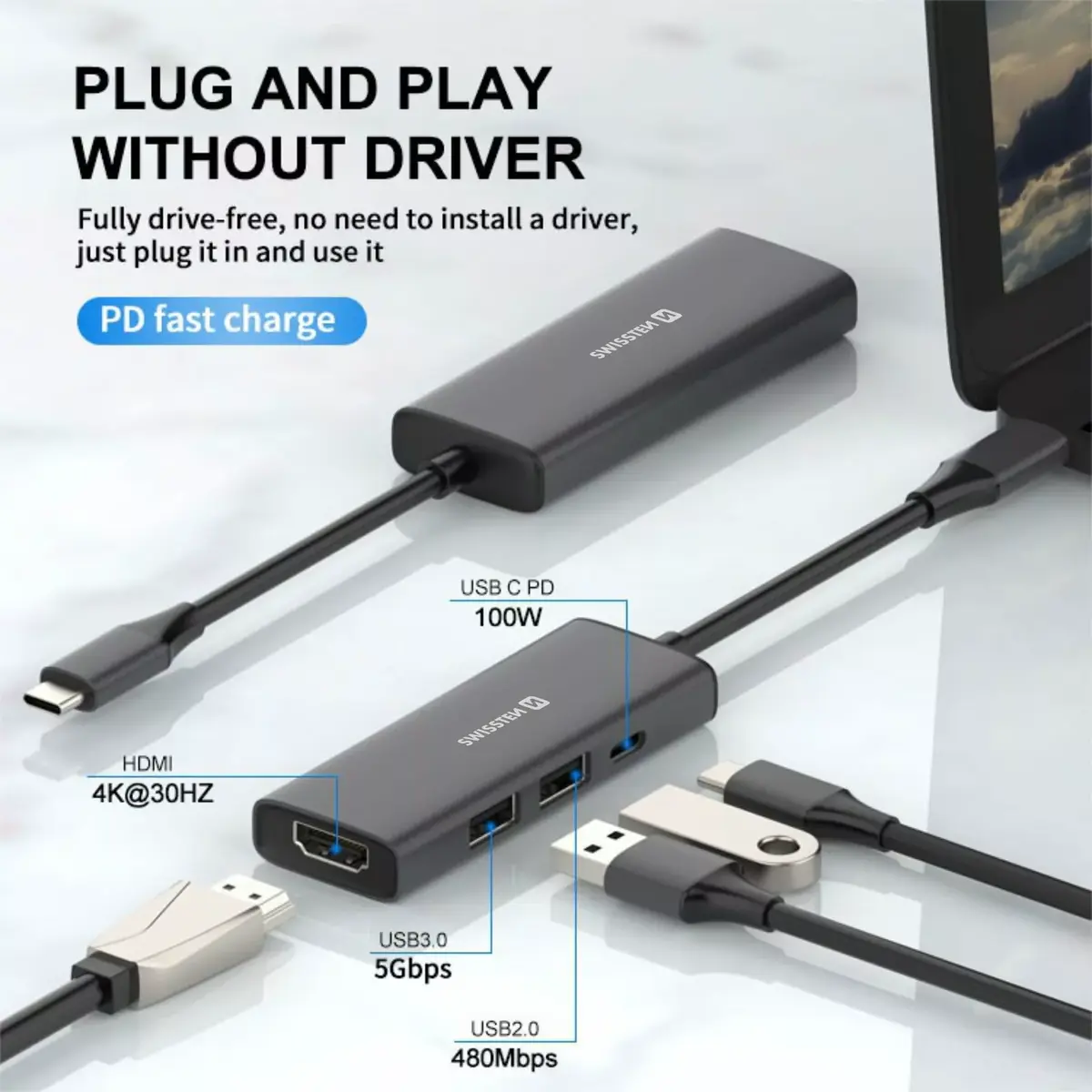 SWISSTEN USB-C hubs 4in1 100W HDMI 4K Photo 2