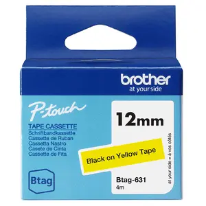 Marķēšanas lente Brother BTAG-631 Melns uz dzeltena 12 mm x 4 m Saderīga ar P-touch PT-N10 PT-N20 PT-N25BT