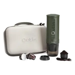 Coffee machine OUTIN OTEM-01-FG-Bag — beige/green, capsule & ground, 20 bar, 7500 mAh battery, 0.7 kg