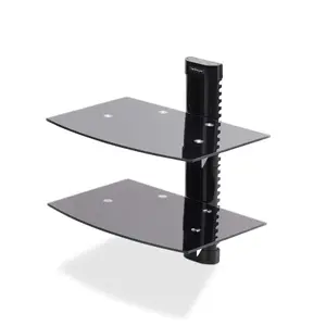 StarTech Dual Floating Wall-Mounted AV Shelves with Adjustable Height, Black Tempered Glass, Wall Mount for Audio and Video Equipment