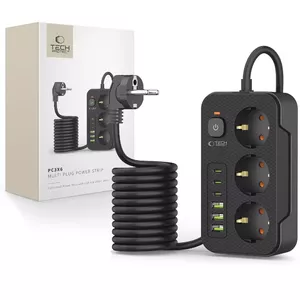 Сетевой удлинитель Tech-Protect PC3X6: 3 розетки, 3 USB-A, 3 USB-C, шнур 200 см, чёрный