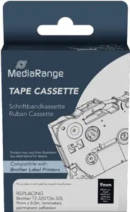 MediaRange Plastic tape cassette Brother TZ-325 permanent adhesive 9mm 8m white on black