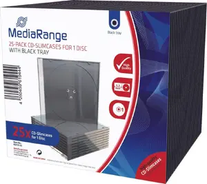 Slim CD Case MediaRange BOX32-25 — single-disc plastic case with black tray, pack of 25