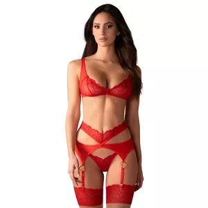 Apakšveļas komplekts Obsessive Cupide Desir 2XL/3XL — 3 daļas: krūšturis, zeķu josta, stringi, mežģīnes, melns