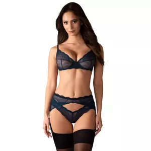 Комплект белья Obsessive Nightly Blue размер XL/2XL — бюстгальтер с косточками, пояс-подвязки, стринги, кружевной вид, регулируемые бретели