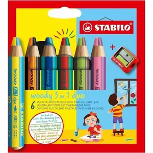 Мелки-акварельные карандаши Stabilo woody 3 in 1 duo — 6 шт., разноцветные, картонная коробка