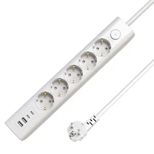 Сетевой фильтр MicroConnect с 5 розетками Schuko Type F, USB, выключателем, кабелем 1.5м, 250В, 16А, белый