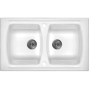 Ceramic 2-bowl sink deante ZCL_620N in white finish, double bowl layout, ceramic material