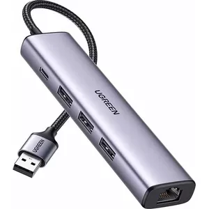 USB‑хаб UGREEN UGR1219SLV с 1×RJ‑45, 1×USB‑C и 3×USB‑A 3.0