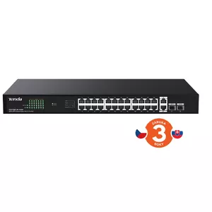 PoE+ gigabitu slēdzis TENDA TEG1128P-24-410W — 24× 1 Gb/s ostas, PoE budžets 370W