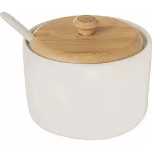 Sugar bowl ORION Orion Sugar bowl porcelain with lid and spoon, white, bamboo accents