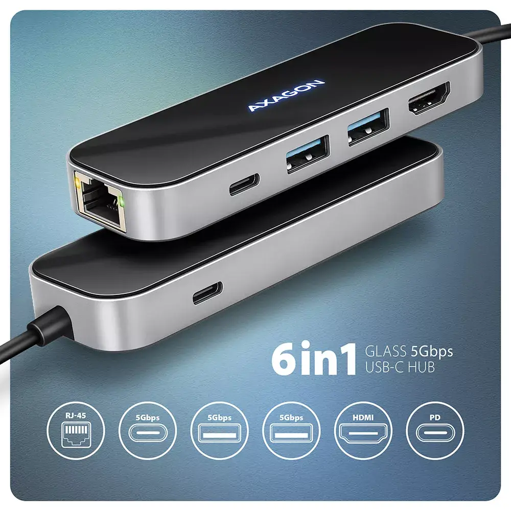 Хаб Axagon HMC-6GLN USB-C 5Gbps GLASS 6in1 Photo 2