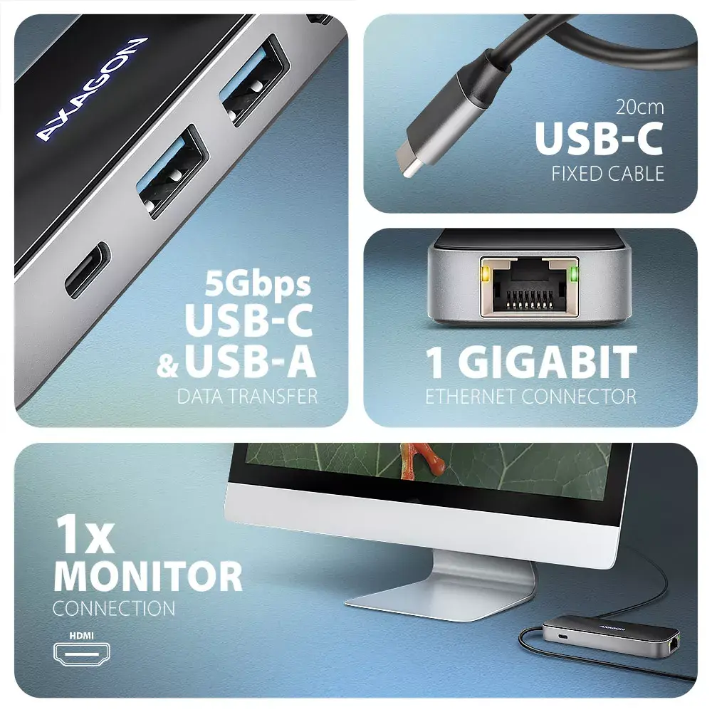 Хаб Axagon HMC-6GLN USB-C 5Gbps GLASS 6in1 Photo 3