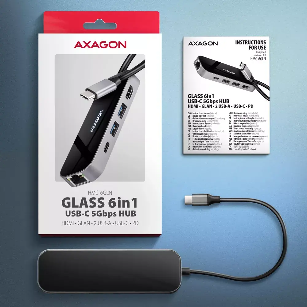 Хаб Axagon HMC-6GLN USB-C 5Gbps GLASS 6in1 Photo 7