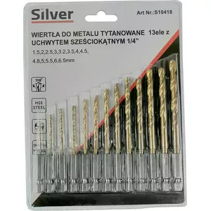 Silver Metal Drill Bit Set with 1/4" Hex Shank, 13 Pieces