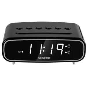 Clock radio SENCOR SRC2600B — black, FM 87.5–108 MHz, 10 presets, dual alarm, LED display