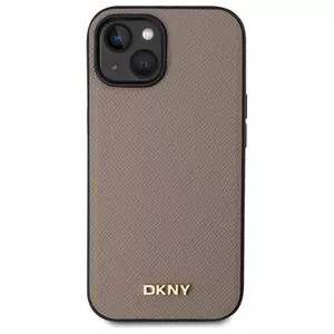 Hardcase phone case DKNY DKHMP15SPGHLME for iPhone 15 6.1" beige grained leather with metal logo MagSafe