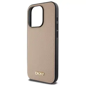Protective hardcase for iPhone 15 Pro Max by DKNY DKHMP15XPGHLME — 6.7" beige grained metal logo MagSafe compatible