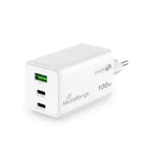 Mobile device charger MediaRange MRMA123 — Indoor AC fast charger for laptop, smartphone, tablet, 100–240V, 2× USB-C, 20V max, white