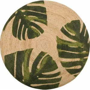Apaļš džutas paklājs Shumee 140 cm ar monstera lapu rakstu, bēšs-zaļš