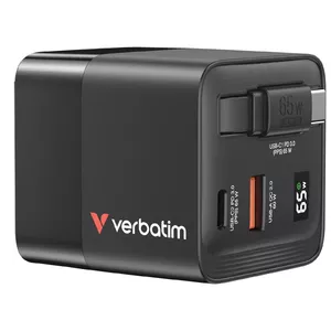 Charger Verbatim GaN 65W 2 Port retractable cable US EU UK