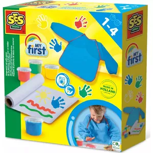 Pirksti krāsu komplekts ar priekšautu SES My First — 4 krāsas (zils, sarkans, dzeltens, zaļš)