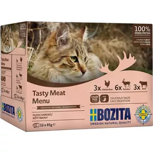 Влажный корм для кошек BOZITA 9116321 12×85 г — беззерновые паучи для взрослых с говядиной, олениной и печенью курицы (влажность 82%)