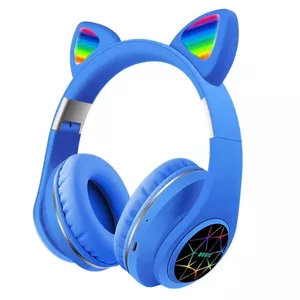 iWear M2 bezvadu bērnu austiņas ar kaķa ausīm, Bluetooth, trokšņu slāpēšanu, FM radio, MP3 atskaņotāju un Micro SD slotu, zilas