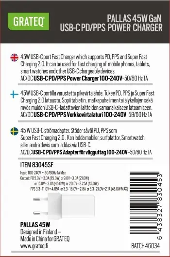 GRATEQ PALLAS 83045SF 45W USB-C PD PPS адаптер Photo 2