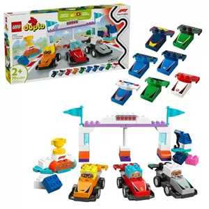 LEGO DUPLO F1 Team Racing Cars 10445 preschool building playset — 70 pieces, 3 vehicles, 4 figures, age 2+
