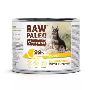 Консервы для собак VETEXPERT RAW PALEO Duoprotein Индейка и Треска для взрослых 200 г, 10.3% белка, 82% влажности