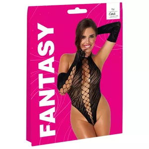 Body Fantasy by Cottelli Collection S-L Black — transparent net string body with tiger stripes and long open-finger gloves, 94% polyamide 6% spandex