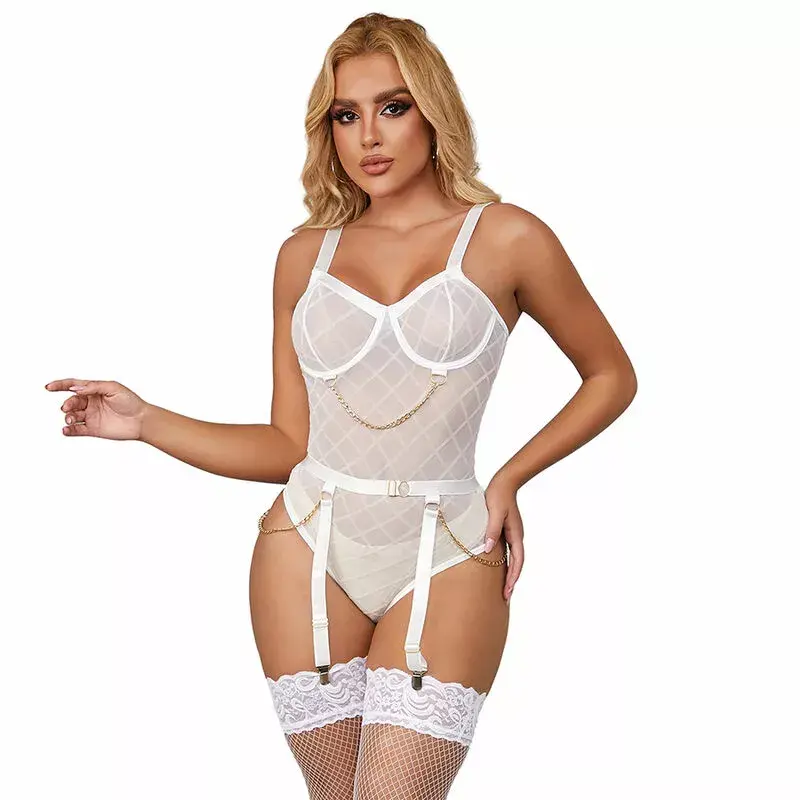 Боди SUBBLIME с цепочками и поясом для чулок — белый S/M Photo 4
