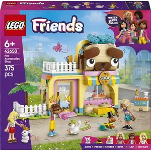 LEGO Friends Pet Supplies Store set 42650 — 375 pieces, 2 mini-dolls, 4 pets, recommended age 6+