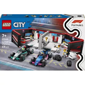 Construction Toy LEGO City 60444 F1 Garage Mercedes‑AMG Alpine Racing Cars, 678 pieces, 6 minifigures, age 7+