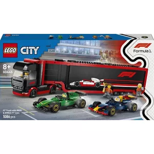 LEGO playset 60445 F1 Transporter with RB20 and AMR24 racing cars, 1086 pieces, 5 minifigures, age 8+