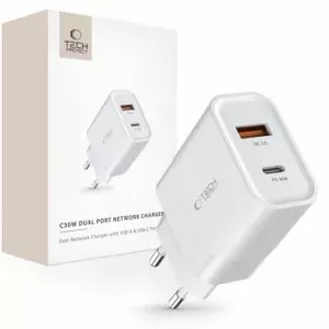 Зарядное устройство Tech‑Protect C30W USB‑C PD 30W и USB‑A QC 3.0, компактное сетевое с двумя портами