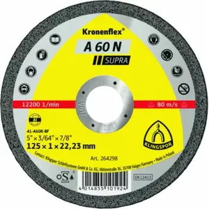 Griešanas disks alumīnijam KLINGSPOR 125 mm x 1,0 mm A60N Supra (MPN 264298)